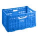 A blue plastic crate with white handles.