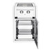 A stainless steel metal cabinet with drawers open containing a stainless steel Crown Verity built-in barbecue grill.