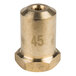 A brass cylinder with a gold metal nut threaded on one end.