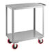A silver steel Lavex utility cart with red wheels.