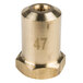 A gold metal cylinder with a brass nut threaded on the end.