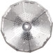 A silver metal circular cutting plate with small holes.