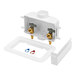 A white plastic Oatey washing machine outlet box with two valves.