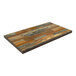 An American Tables & Seating wood table top with light and dark brown and blue planks.