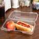 A Duralock clear plastic container with a hot dog and an apple inside.