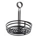 An American Metalcraft black wrought iron condiment caddy with a handle.