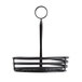 An American Metalcraft black wrought iron condiment caddy with a circular coil and card holder.