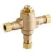 A gold metal Sloan Optima thermostatic mixing valve with a nut.