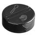 A black round dual flapper spice lid with 3 holes on a black container.