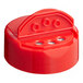 A red plastic 48/485 spice lid with dual flappers and 3 holes.