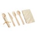 A Hoffmaster CaterWrap FashnPoint natural kraft napkin and wood cutlery set with a wooden spoon, fork, and knife wrapped in a napkin.