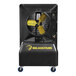A black and yellow Big Ass Fans Cool-Space evaporative cooler on blue wheels.