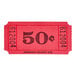 A close-up of a red 1-part raffle ticket with black "50" text.