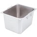 A stainless steel square container with handles.