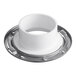 A white plastic Oatey water closet flange with a stainless steel ring.