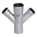 A stainless steel Josam double wye pipe fitting with black inserts.