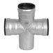 A stainless steel Josam cross pipe fitting with black rubber ends.