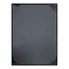 A black rectangular leather menu cover with picture corners.