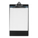 A Saunders black aluminum clipboard with a black metal clip on white lined paper.