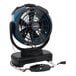 A black and blue XPOWER misting fan with a cord.