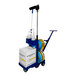 A blue Superior Mark floor tape applicator cart with white and blue boxes on it.