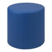 A blue cylinder shaped ottoman with a round top.