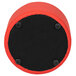 A red and black round modular ottoman with black screws on the bottom.