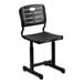 A black Flash Furniture Nila classroom chair with a metal pedestal frame.