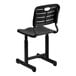 A Flash Furniture black plastic classroom chair with a pedestal frame and backrest.