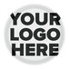 A white Cambro round fiberglass tray with black text that says "your logo here" in the center.