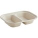 A white World Centric compostable fiber container with two compartments.