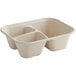 A white World Centric compostable fiber container with three compartments.