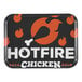 A Cambro rectangular fiberglass tray with a hot fire chicken logo on it.