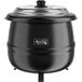 An Avantco black soup kettle with a lid.