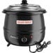 An Avantco black soup kettle with a lid and a cord.
