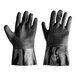 A pair of black rubber gloves with a rough grip tape on one glove.