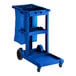 A Lavex blue janitor cart with a blue bag on it.