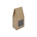 A brown paper bag with a square window.