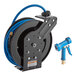 A Regency black and blue powder-coated steel hose reel with a blue hose attached.