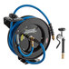 A black Regency hose reel with a blue and black hose attached.