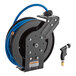 A white powder-coated Regency steel hose reel with a black, blue, and steel hose and nozzle.
