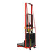 A red and black Wesco Industrial Products power lift platform stacker with a black handle.
