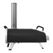 A black and silver Ooni Karu 16 portable outdoor pizza oven on a metal stand.