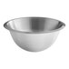 A close-up of a silver Matfer Bourgeat stainless steel mixing bowl with a rim.