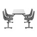 A white rectangular National Public Seating cafeteria table with black edge banding and four charcoal swivel chairs.