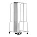 A white metal cart with wheels holding a National Public Seating Robo clear acrylic room divider.