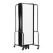 A white rectangular room divider with a black metal frame on wheels.