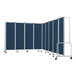 A National Public Seating room divider with blue fabric panels and a gray frame.