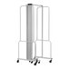 A white metal cart with wheels holding a National Public Seating clear acrylic room divider with gray frame.