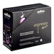 A black box of Lavazza Espresso Maestro Intenso Single Serve Capsules with a purple capsule inside.